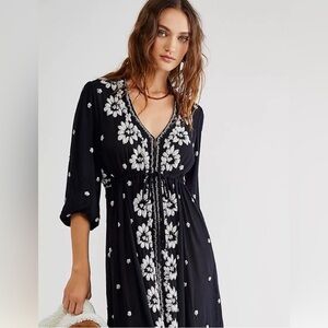 Free People Fable Embroidered Midi Dress XS Black